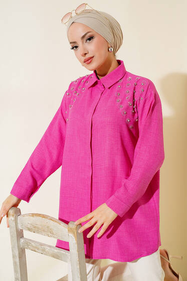 Omuz Taşlı Gizli Düğmeli Gömlek Fuşya - Gömlek
