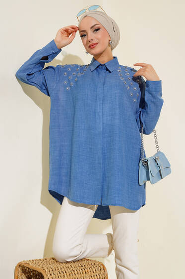 Omuz Taşlı Gizli Düğmeli Gömlek İndigo - Gömlek