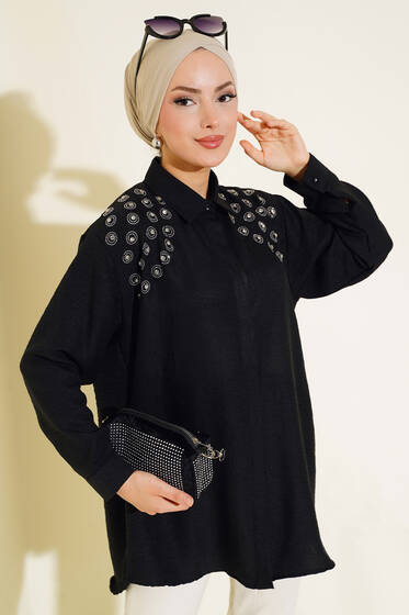 Omuz Taşlı Gizli Düğmeli Gömlek Siyah - Gömlek