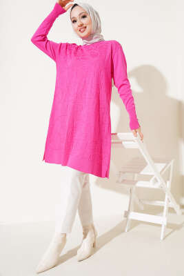 Omuz Taşlı Kabartmalı Triko Tunik Fuşya - Triko Tunik