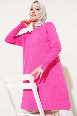 Omuz Taşlı Kabartmalı Triko Tunik Fuşya 