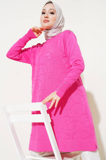 Omuz Taşlı Kabartmalı Triko Tunik Fuşya - Tunik
