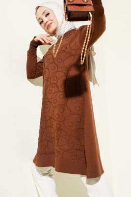 Omuz Taşlı Kabartmalı Triko Tunik Kahve 