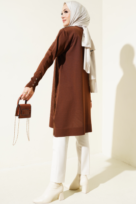 Omuz Taşlı Kabartmalı Triko Tunik Kahve - Triko Tunik