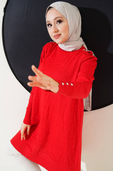 Omuz Taşlı Kabartmalı Triko Tunik Kırmızı - Triko Tunik