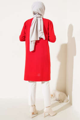 Omuz Taşlı Kabartmalı Triko Tunik Kırmızı - Triko Tunik