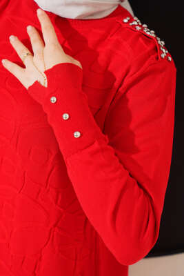 Omuz Taşlı Kabartmalı Triko Tunik Kırmızı - Triko Tunik