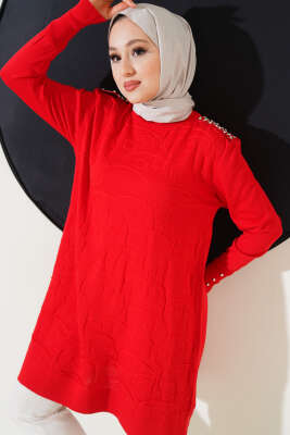 Omuz Taşlı Kabartmalı Triko Tunik Kırmızı - Triko Tunik