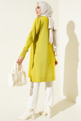 Omuz Taşlı Kabartmalı Triko Tunik Yağ Yeşili - Triko Tunik