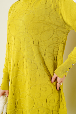 Omuz Taşlı Kabartmalı Triko Tunik Yağ Yeşili - Triko Tunik