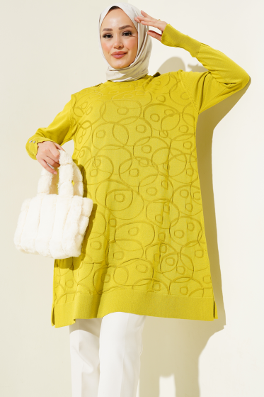 Omuz Taşlı Kabartmalı Triko Tunik Yağ Yeşili - Tunik