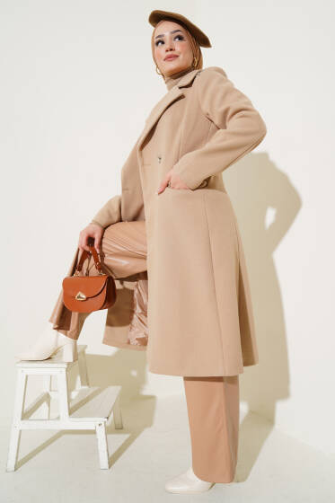 Omuz Taşlı Kaşe Kaban Bej - Kaban