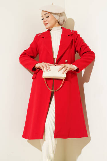 Omuz Taşlı Kaşe Kaban Kırmızı - Kaban