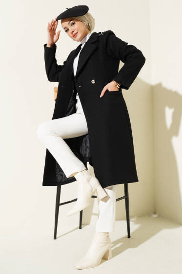 Omuz Taşlı Kaşe Kaban Siyah - Kaban