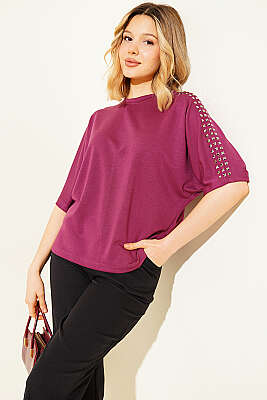 Omuz Taşlı Loyşa T-shirt Magenta - Kadın Giyim Modelleri