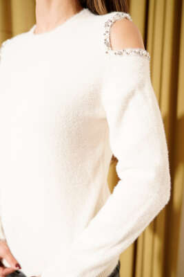 Omuz Taşlı Sakallı Kazak Bej - Kadın Giyim Modelleri