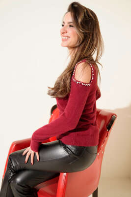 Omuz Taşlı Sakallı Kazak Bordo - Kadın Giyim Modelleri