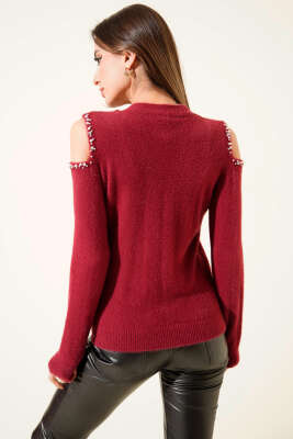 Omuz Taşlı Sakallı Kazak Bordo - Kadın Giyim Modelleri