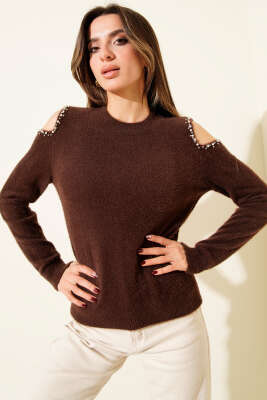 Omuz Taşlı Sakallı Kazak Kahve - Kadın Giyim Modelleri