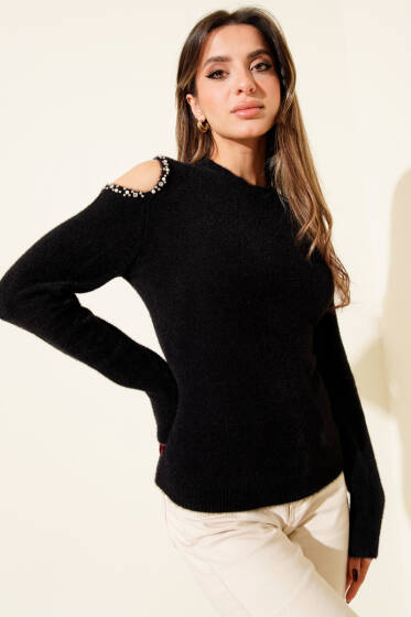 Omuz Taşlı Sakallı Kazak Siyah - Kadın Giyim Modelleri