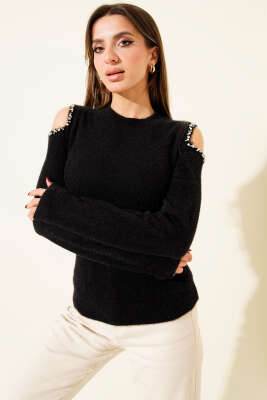 Omuz Taşlı Sakallı Kazak Siyah - Kadın Giyim Modelleri