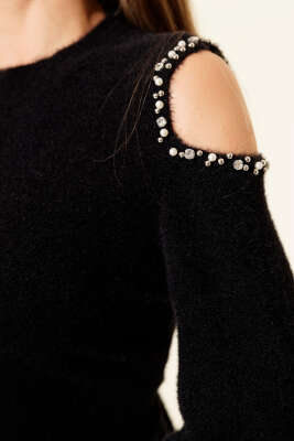 Omuz Taşlı Sakallı Kazak Siyah - Kadın Giyim Modelleri