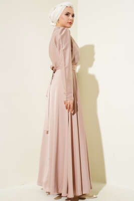 Omuz Taşlı Saten Abiye Elbise Bej - Tesettür Elbise