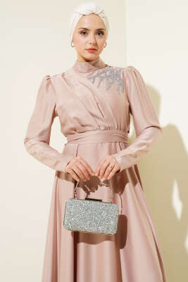 Omuz Taşlı Saten Abiye Elbise Bej - Tesettür Elbise