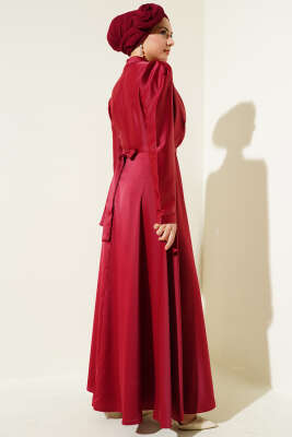 Omuz Taşlı Saten Abiye Elbise Bordo - Tesettür Elbise