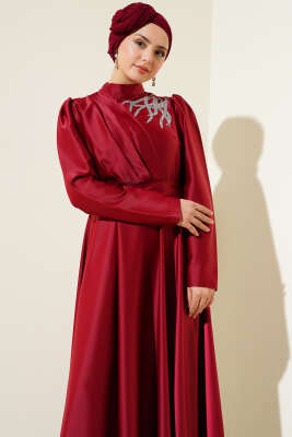 Omuz Taşlı Saten Abiye Elbise Bordo - Tesettür Elbise