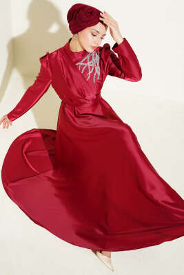 Omuz Taşlı Saten Abiye Elbise Bordo 