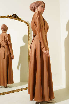 Omuz Taşlı Saten Abiye Elbise Camel - Tesettür Elbise