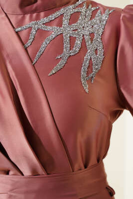 Omuz Taşlı Saten Abiye Elbise Gül Kurusu - Tesettür Elbise