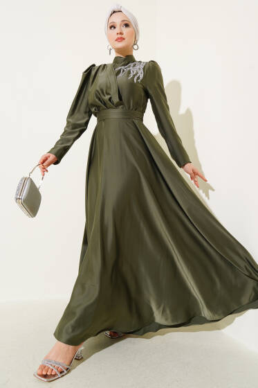 Omuz Taşlı Saten Abiye Elbise Haki - Elbise