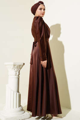 Omuz Taşlı Saten Abiye Elbise Kahve - Tesettür Elbise