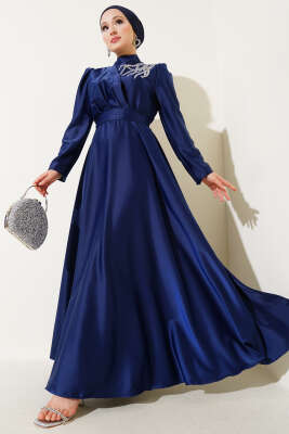 Omuz Taşlı Saten Abiye Elbise Lacivert 