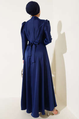 Omuz Taşlı Saten Abiye Elbise Lacivert - Tesettür Elbise