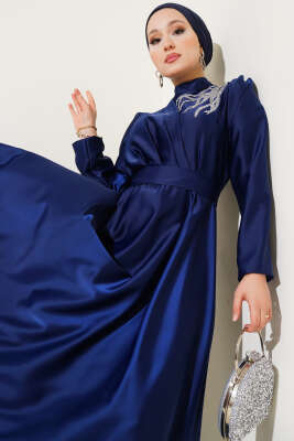 Omuz Taşlı Saten Abiye Elbise Lacivert - Tesettür Elbise