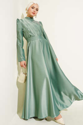 Omuz Taşlı Saten Abiye Elbise Mint - Tesettür Elbise