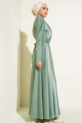 Omuz Taşlı Saten Abiye Elbise Mint - Tesettür Elbise