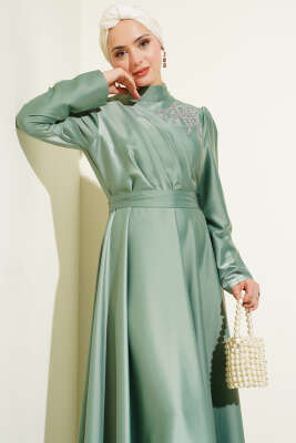 Omuz Taşlı Saten Abiye Elbise Mint - Tesettür Elbise