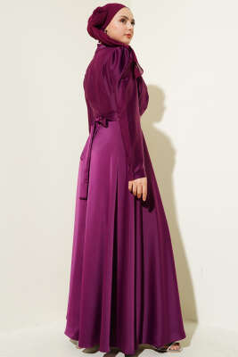 Omuz Taşlı Saten Abiye Elbise Mor - Tesettür Elbise