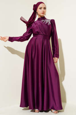 Omuz Taşlı Saten Abiye Elbise Mor 