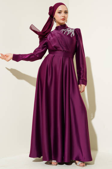 Omuz Taşlı Saten Abiye Elbise Mor - Tesettür Elbise