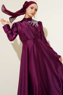 Omuz Taşlı Saten Abiye Elbise Mor - Tesettür Elbise
