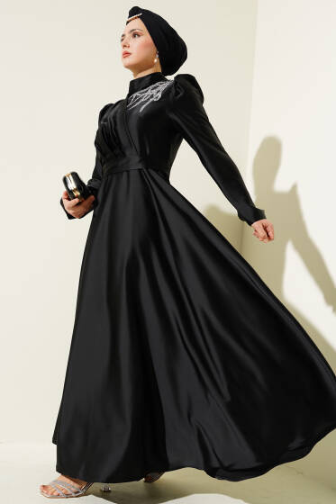 Omuz Taşlı Saten Abiye Elbise Siyah - Elbise