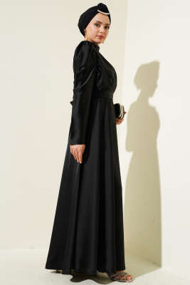 Omuz Taşlı Saten Abiye Elbise Siyah - Tesettür Elbise