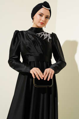 Omuz Taşlı Saten Abiye Elbise Siyah - Tesettür Elbise