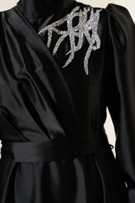 Omuz Taşlı Saten Abiye Elbise Siyah - Tesettür Elbise