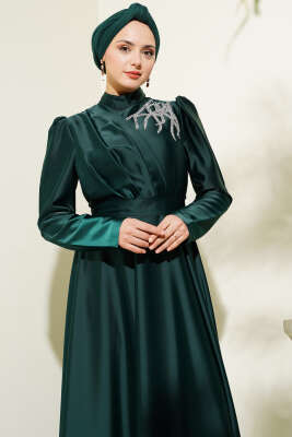 Omuz Taşlı Saten Abiye Elbise Zümrüt - Tesettür Elbise
